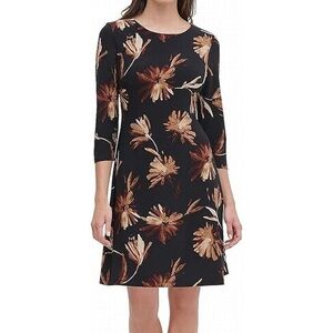 Tommy Hilfiger Black and Brown Floral Long Sleeve Dress